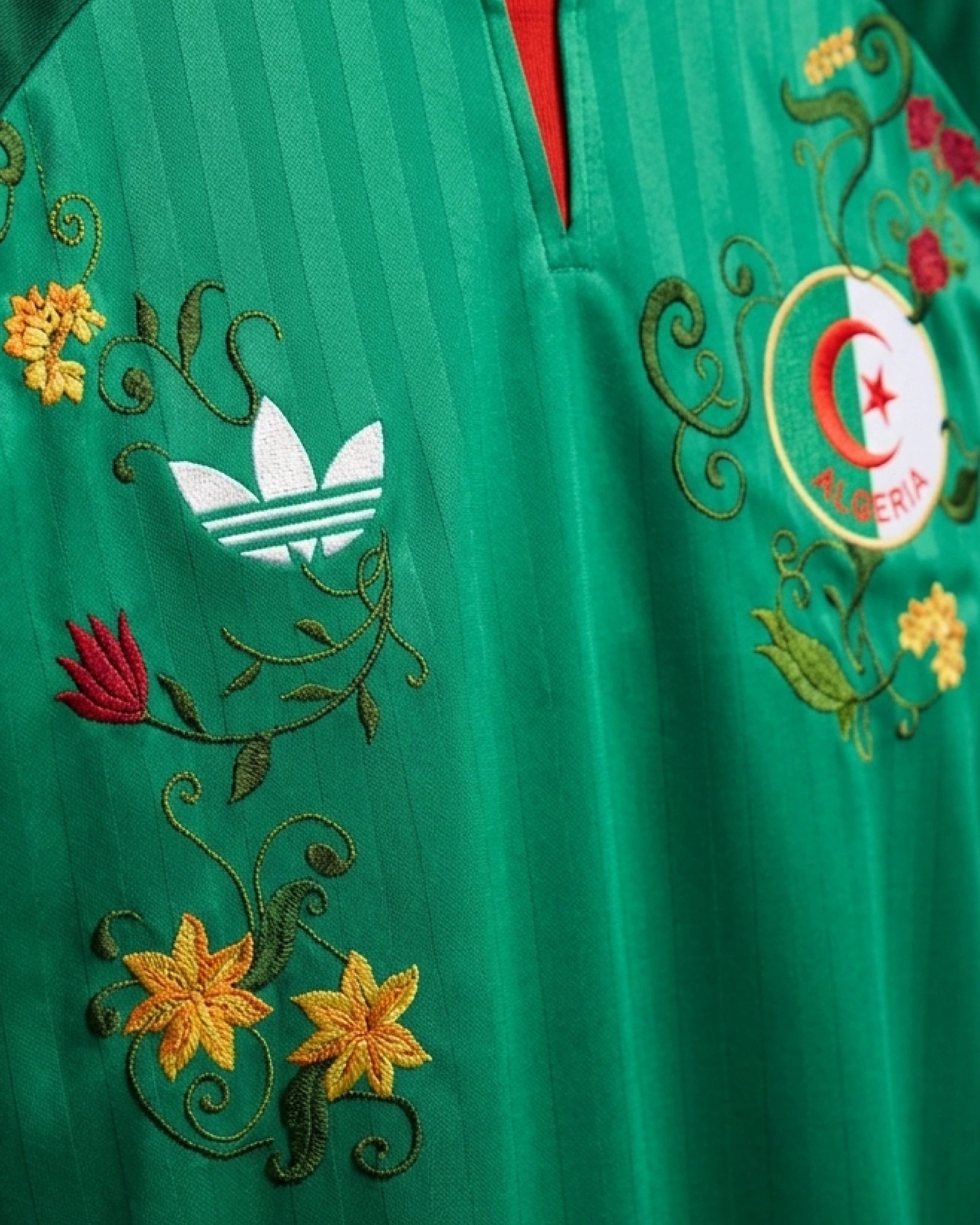 Medium shot detail showcasing the asymmetric floral embroidery on the Algeria Concept Jersey, illustrating how the gold and red botanical art frames the badge and flows across the emerald green fabric.