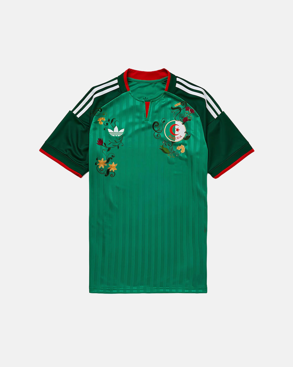 Full front view of the bespoke Algeria Embroidered Jersey (Sands & Soil Edition), featuring intricate gold and red floral botanical art hand-stitched around the crest and Trefoil logo on an emerald green Algeria Jersey base.