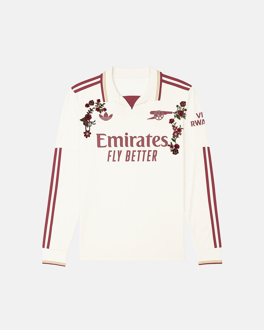 Arsenal hand-embroidered concept long sleeves jersey front view — floral botanical art on authentic white base 2025/26 — VOLTA Gunners Garden Edition