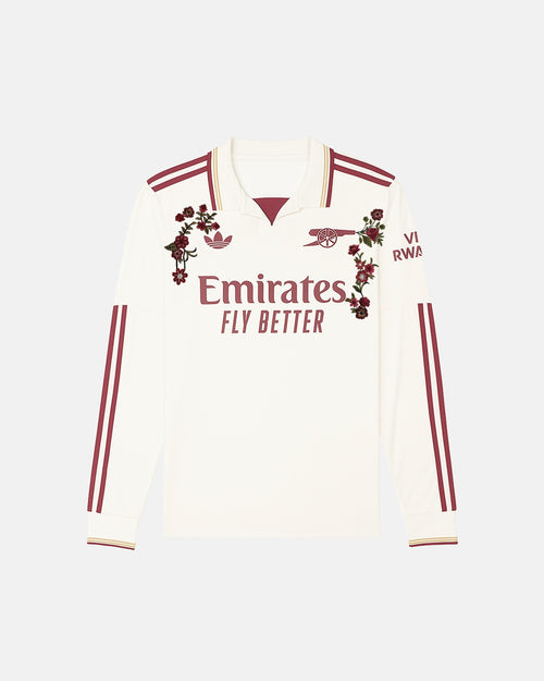 Arsenal hand-embroidered concept long sleeves jersey front view — floral botanical art on authentic white base 2025/26 — VOLTA Gunners Garden Edition