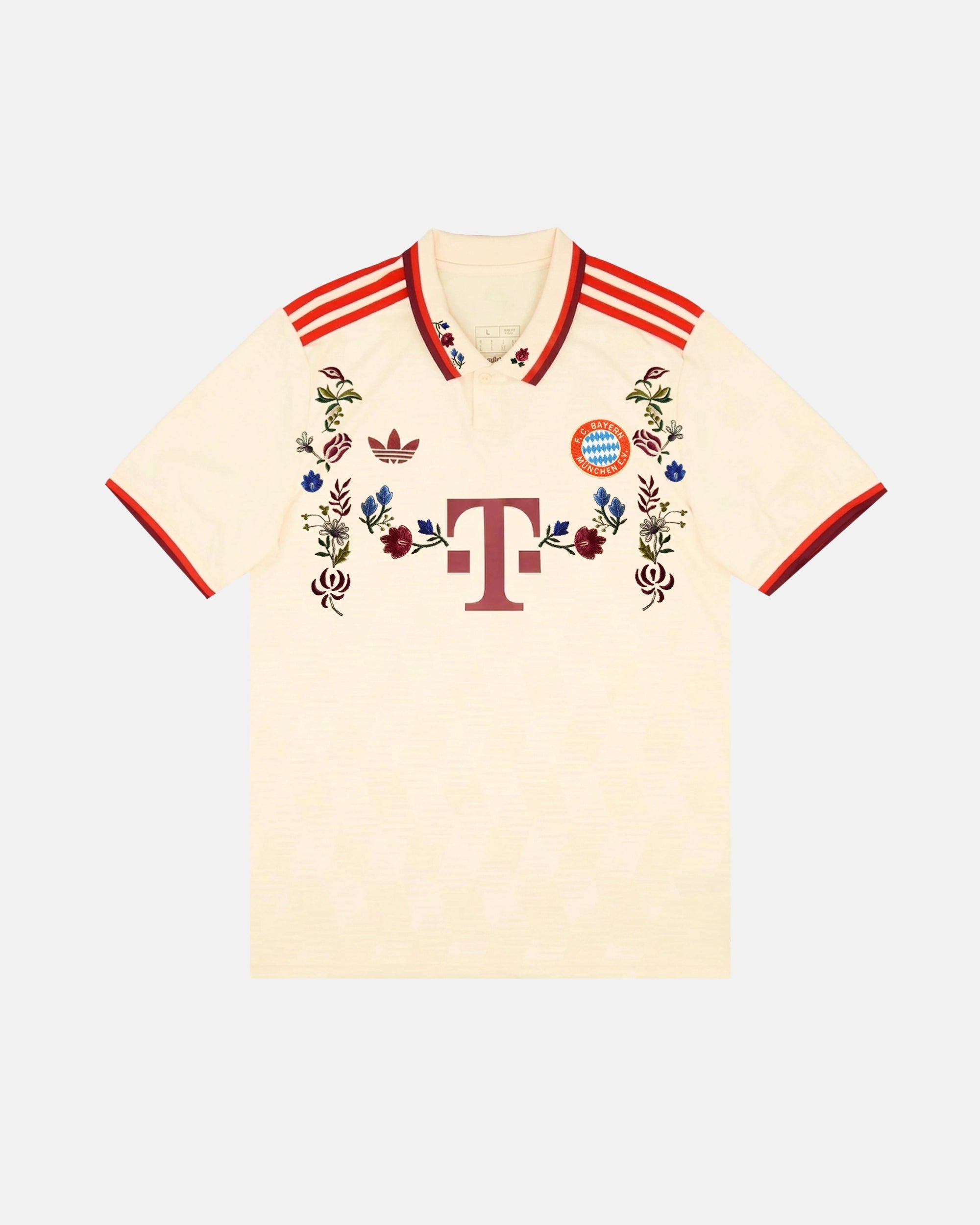 Bayern Munich hand-embroidered concept jersey front view — Bavarian folk botanical wreath in burgundy, blue and white on authentic 2024/25 cream white base — VOLTA Bavarian Folk Edition