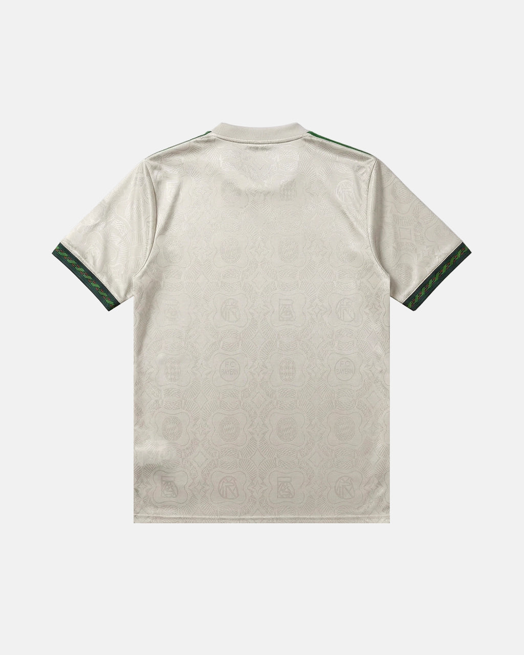Bayern Munich embroidered stone beige concept jersey back view — tonal Bayern crest jacquard pattern — limited edition handcrafted in Paris and Versailles — VOLTA Hellabrunn Edition