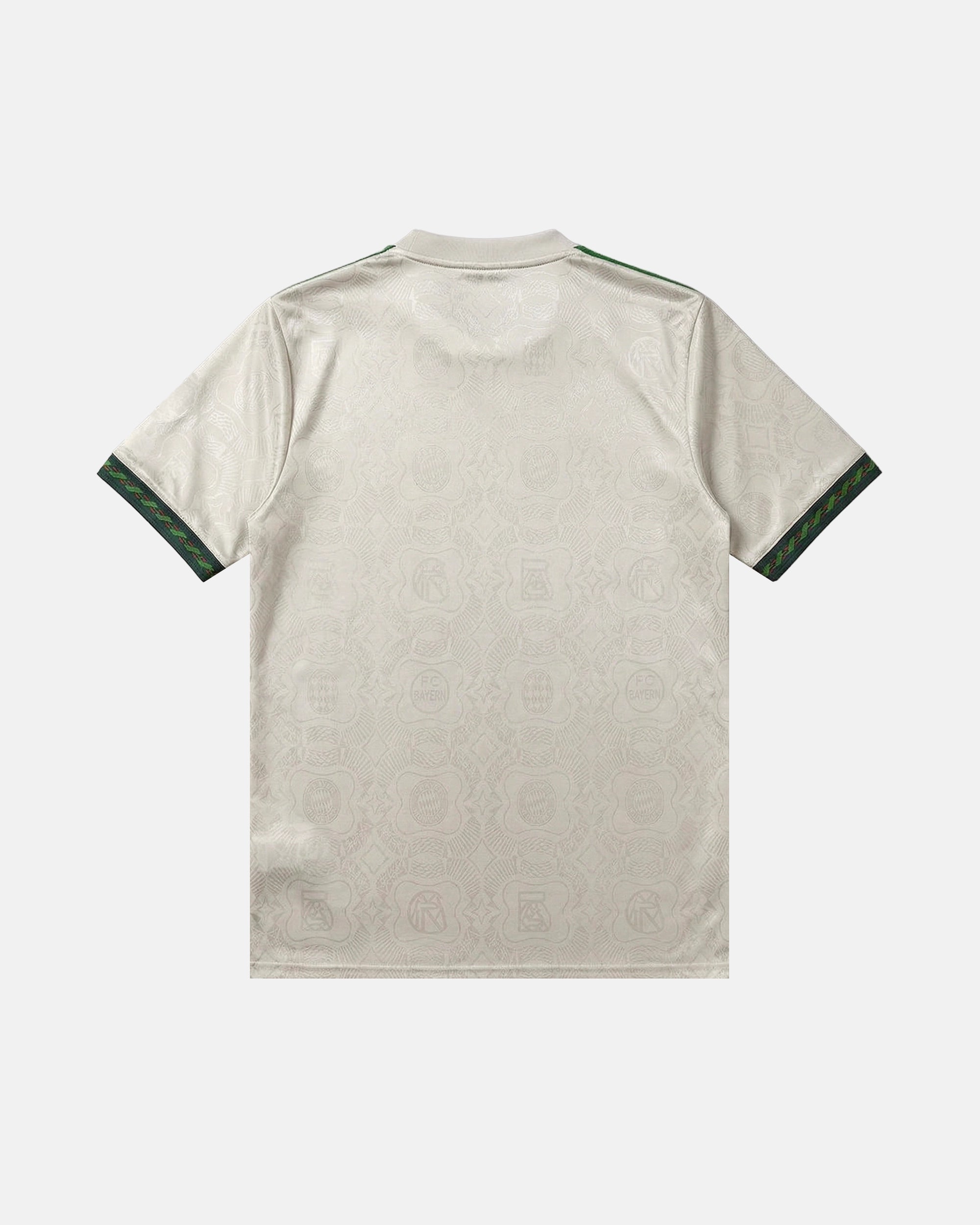 Bayern Munich embroidered stone beige concept jersey back view — tonal Bayern crest jacquard pattern — limited edition handcrafted in Paris and Versailles — VOLTA Hellabrunn Edition