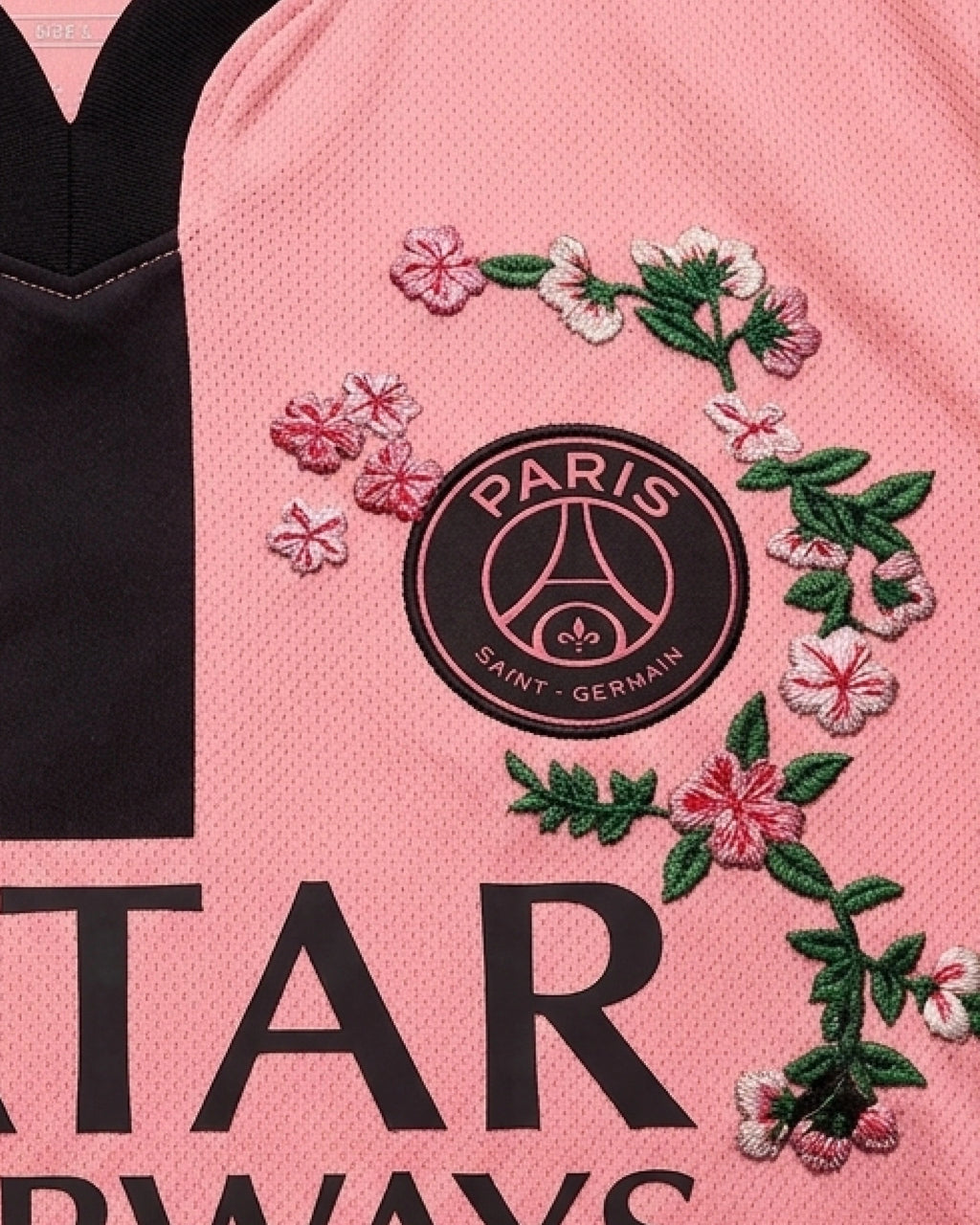 PSG badge close-up with hand-embroidered cherry blossom and botanical flower garland — custom PSG pink embroidered jersey — VOLTA Avenue Rose Edition