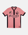 PSG hand-embroidered pink concept jersey front view — cherry blossom botanical wreath art on authentic rose base — VOLTA Avenue Rose Edition