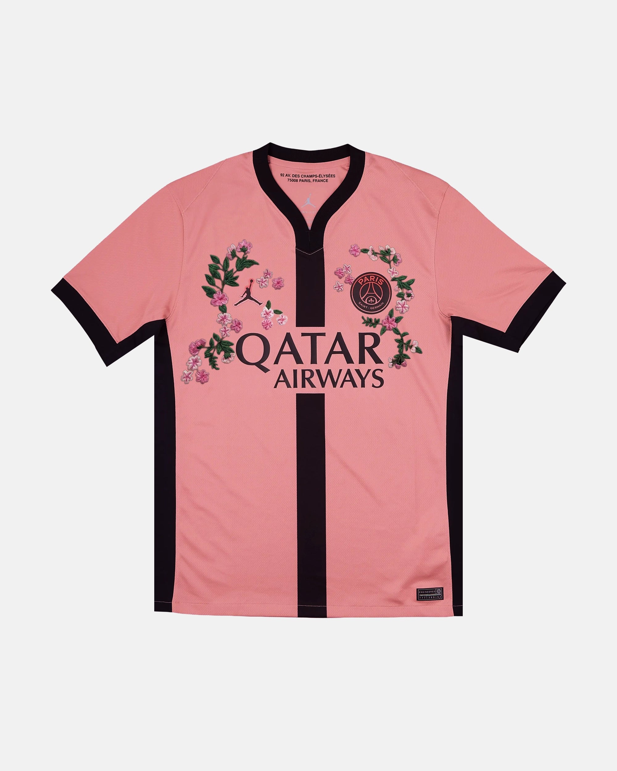PSG hand-embroidered pink concept jersey front view — cherry blossom botanical wreath art on authentic rose base — VOLTA Avenue Rose Edition