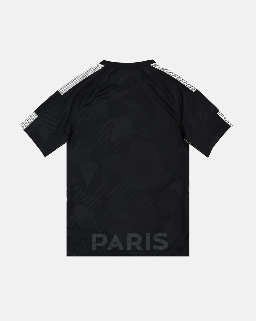 Full Back View Of The Paris Black Jersey Reimagined Base, Highlighting The Clean Dark Camouflage Performance Fabric Pattern, White Shoulder Stripes, And Tonal Paris Bottom Hem Font.