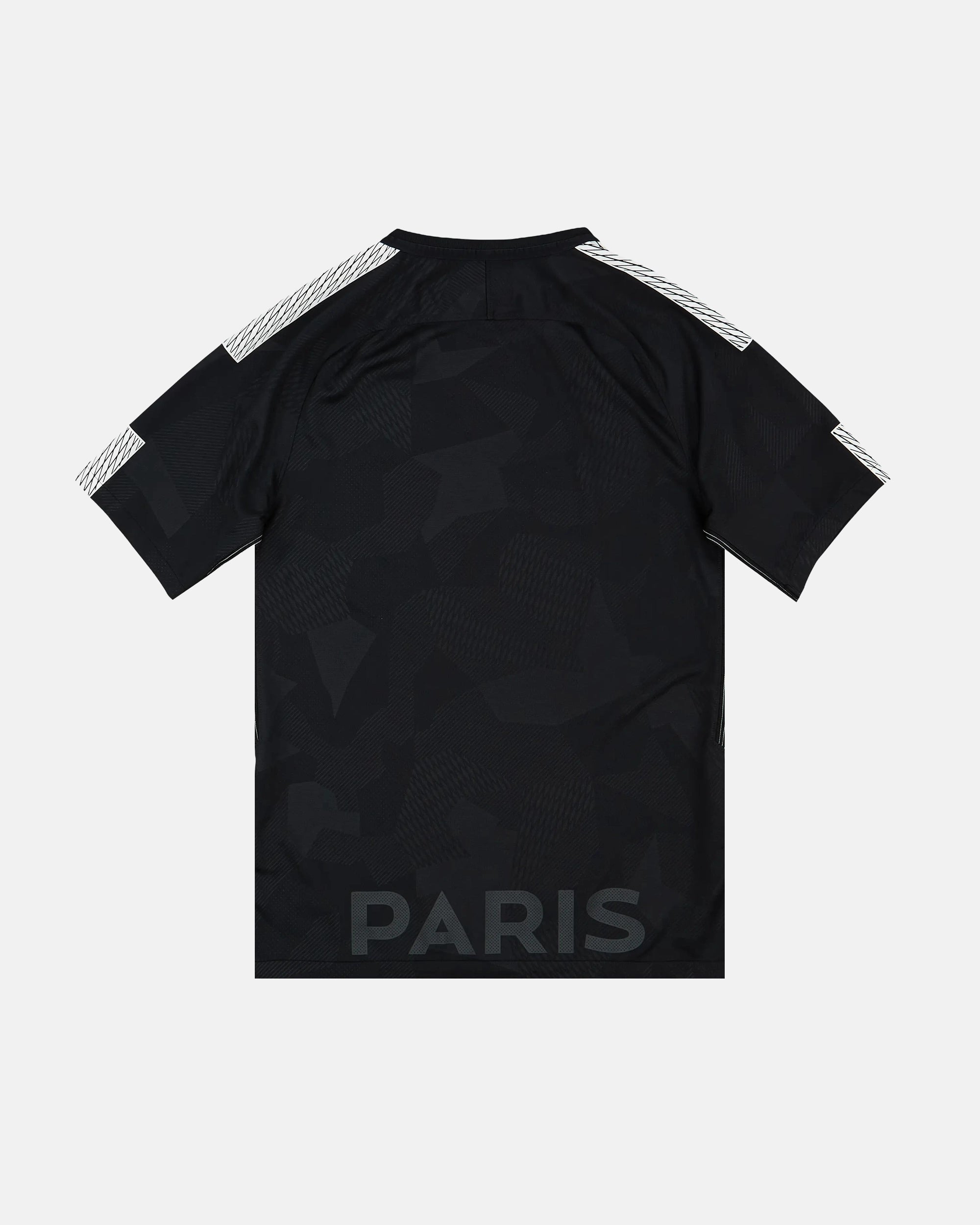 Full Back View Of The Paris Black Jersey Reimagined Base, Highlighting The Clean Dark Camouflage Performance Fabric Pattern, White Shoulder Stripes, And Tonal Paris Bottom Hem Font.