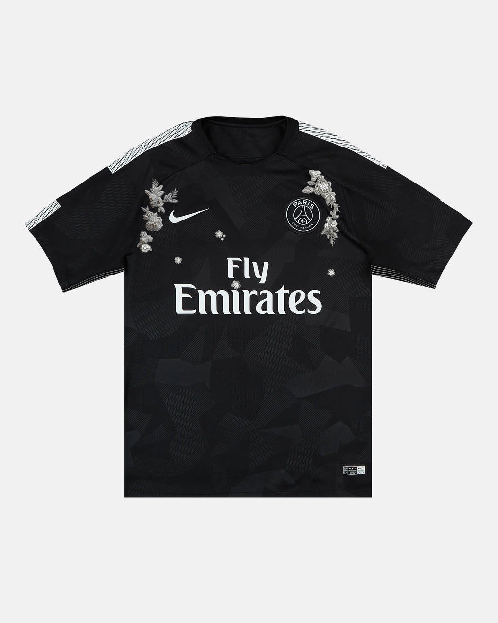 Full Front View Of The Bespoke Paris Embroidered Black Jersey (Lumière Pearl Edition), Showcasing The Tonal Geometric Camo Fabric Adorned With Hand-Stitched Silver Flowers And Genuine Pearls.