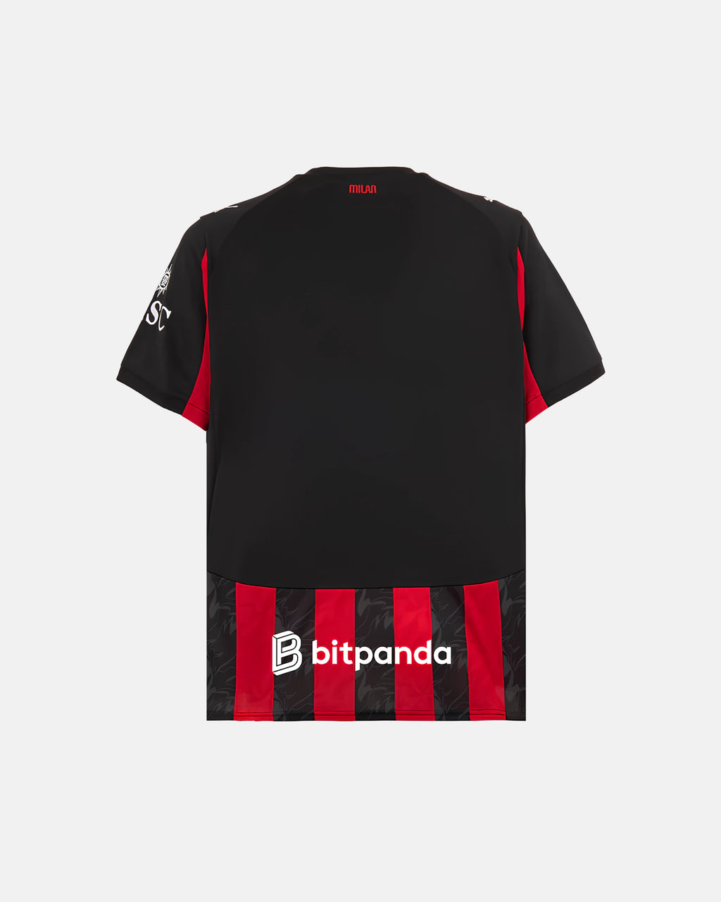 Full Back View Of The AC Milan Concept Jersey Base, Highlighting The Solid Black Upper Mesh, Red Milan Text, And Striped Lower Back Panels.