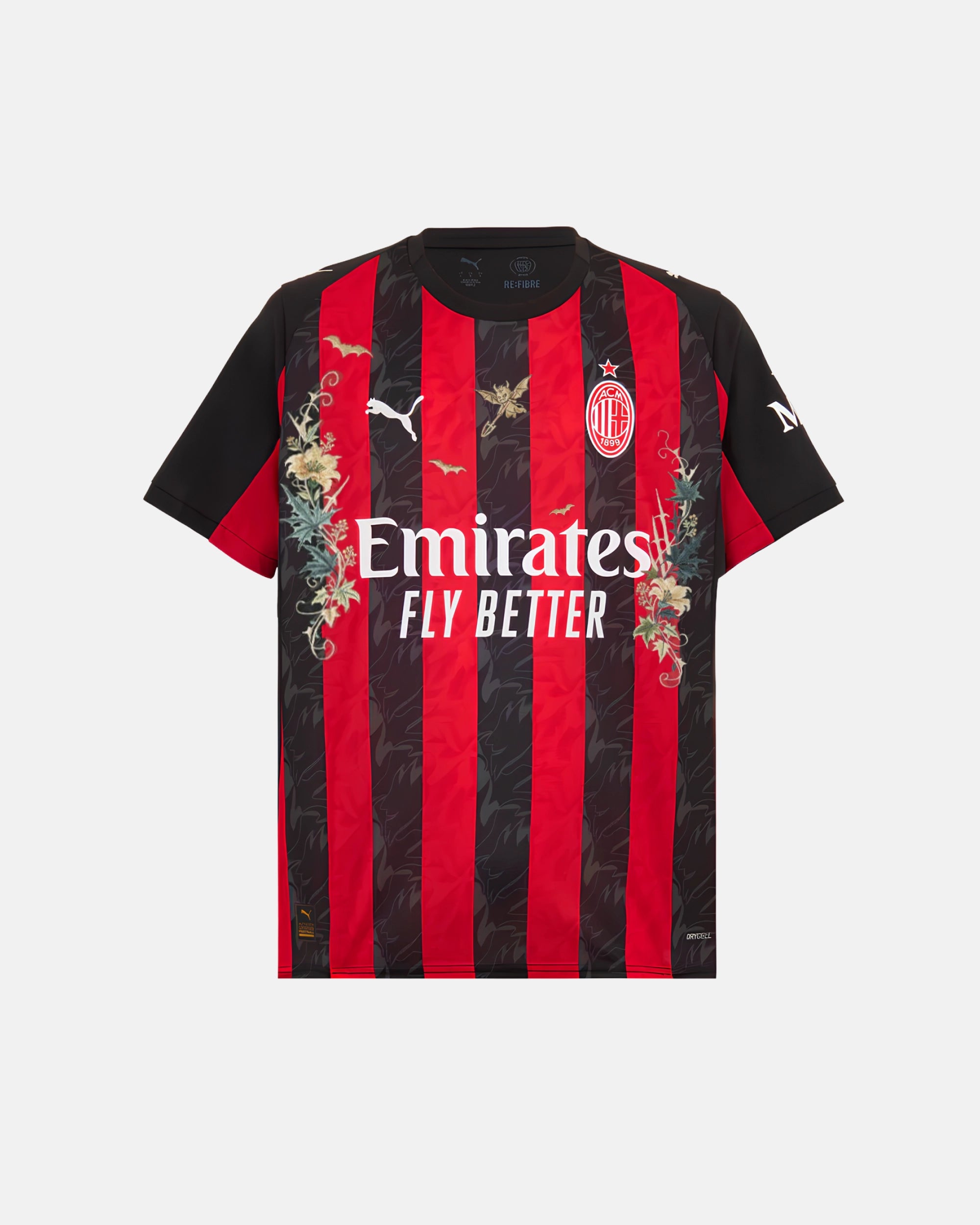 Full Front View Of The Bespoke AC Milan Embroidered Jersey (Rossoneri Inferno Edition), Showcasing The Red And Black Striped Base Decorated With Hand-Stitched Golden Devil And Bat Art.