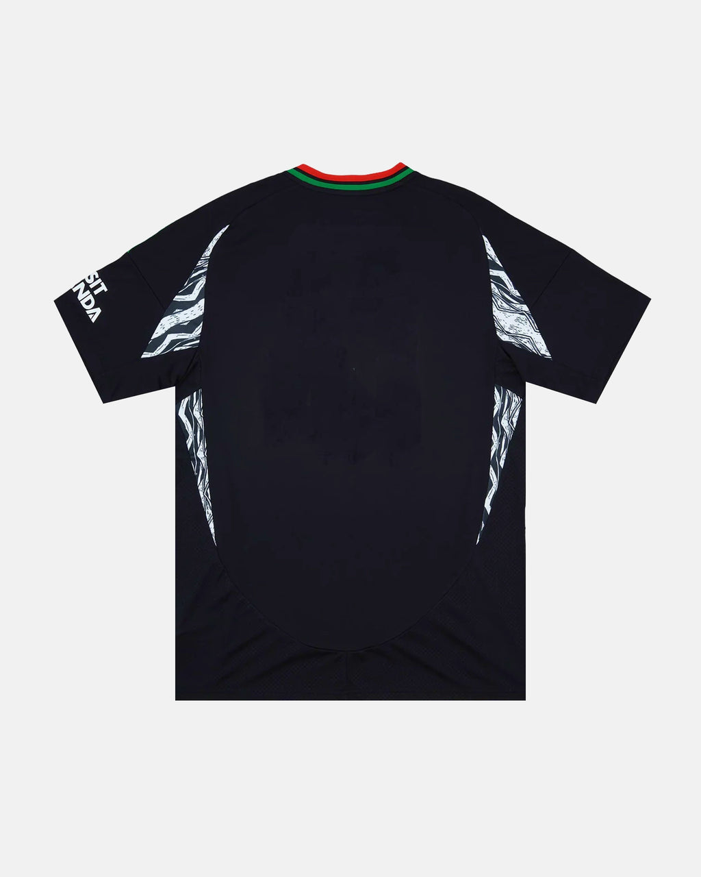 Full Back View Of The Arsenal Concept Jersey Base, Highlighting The Clean Slate-Black Rear Mesh, Tri-Color Collar Trim, And Geometric Side Panel Accents.