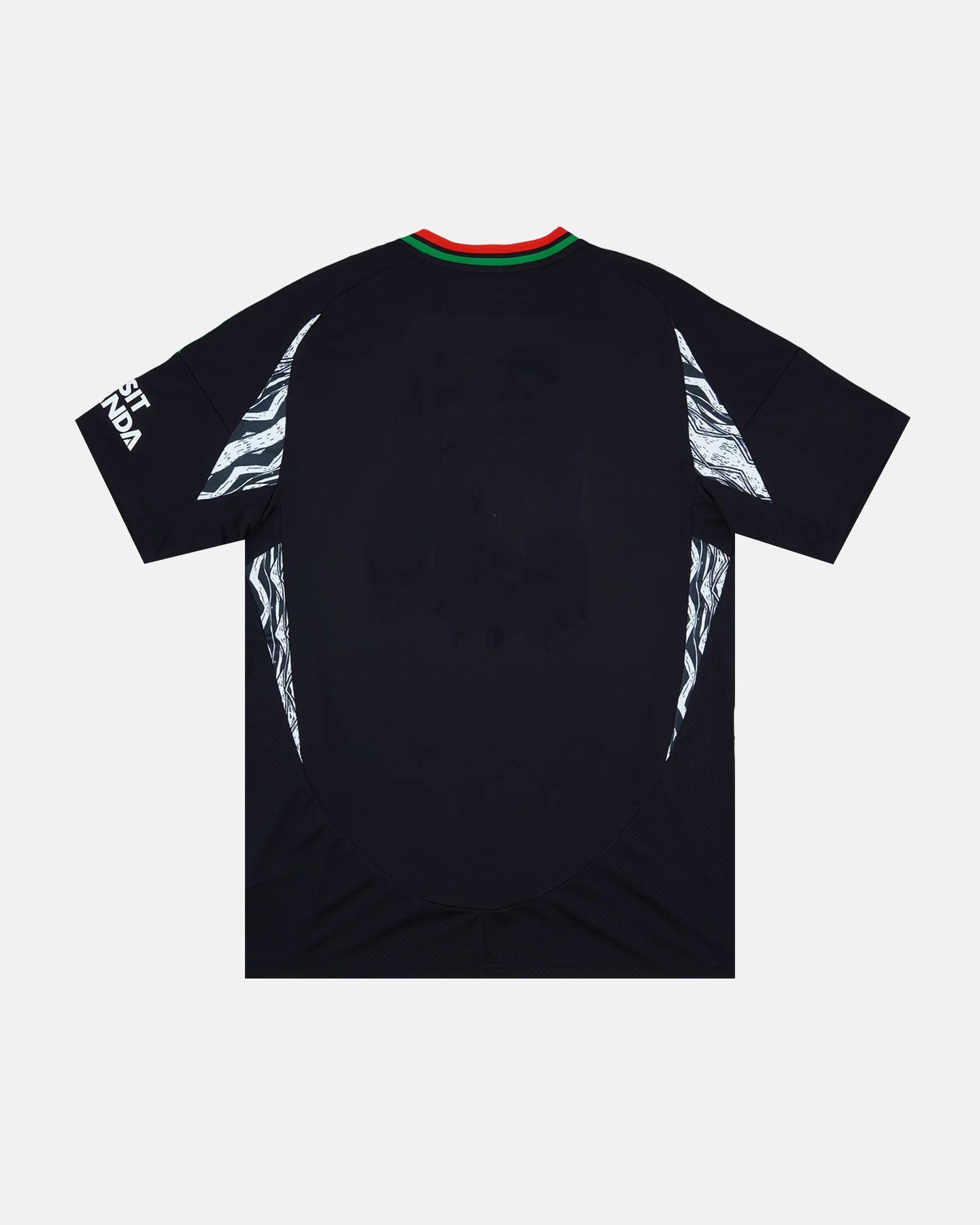 Full Back View Of The Arsenal Concept Jersey Base, Highlighting The Clean Slate-Black Rear Mesh, Tri-Color Collar Trim, And Geometric Side Panel Accents.
