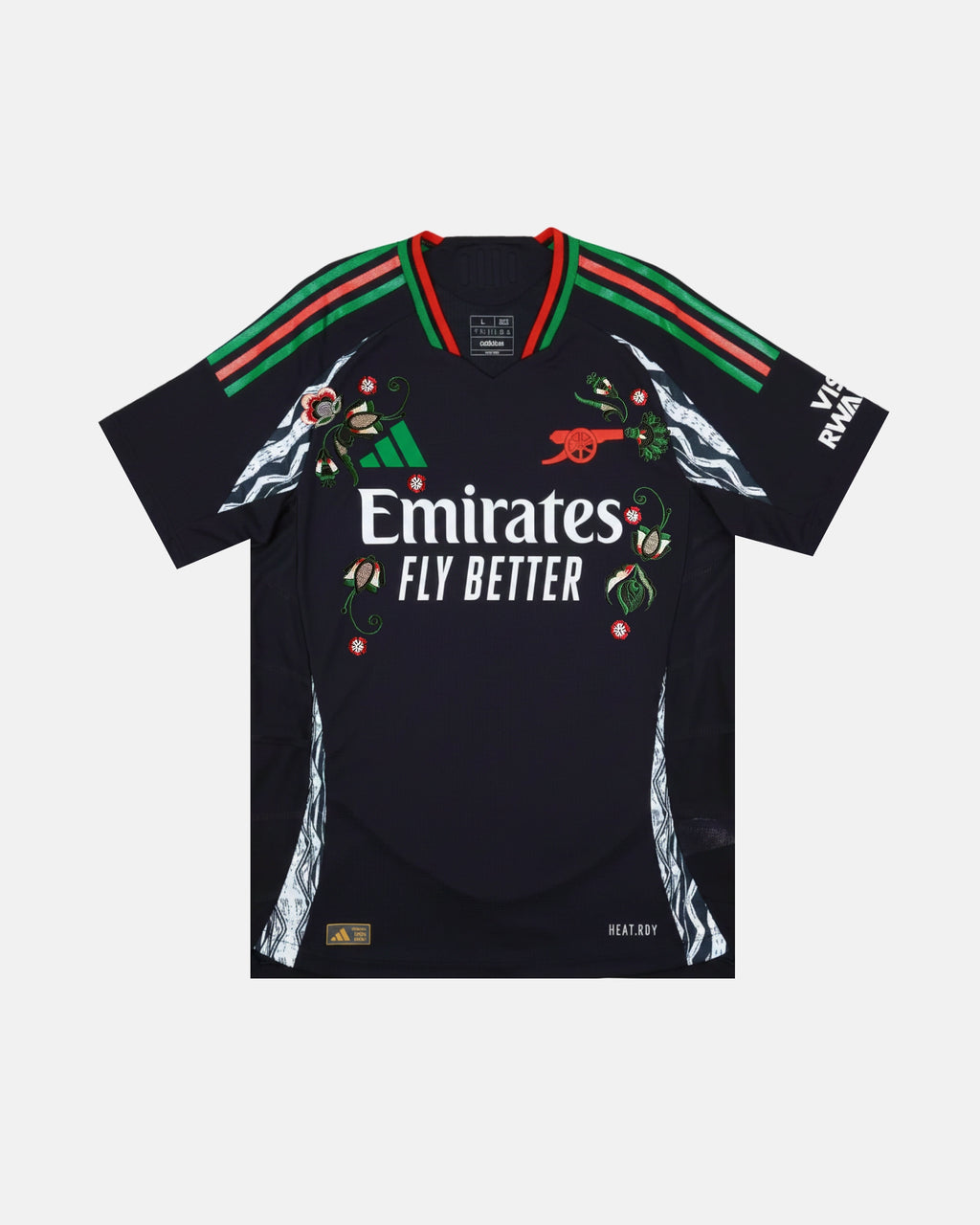 Full Front View Of The Bespoke Arsenal Embroidered Jersey (Honor & Heritage Edition), Showcasing The Black Performance Base Woven With Hand-Stitched Crimson Flowers And Green Vines.