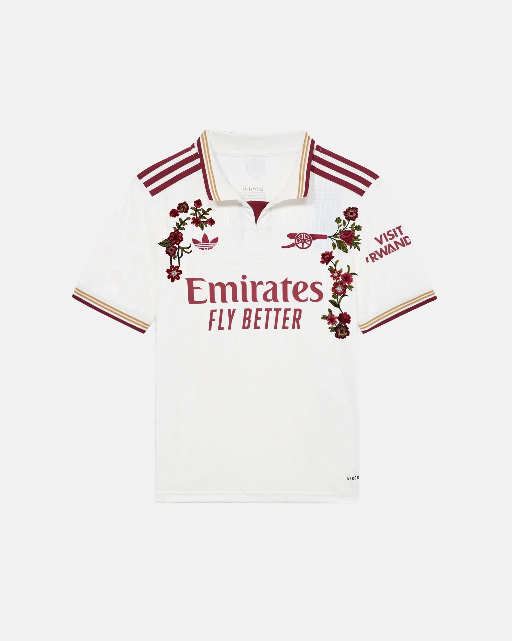 Arsenal hand-embroidered concept jersey front view — floral botanical art on authentic white base 2025/26 — VOLTA Gunners Garden Edition