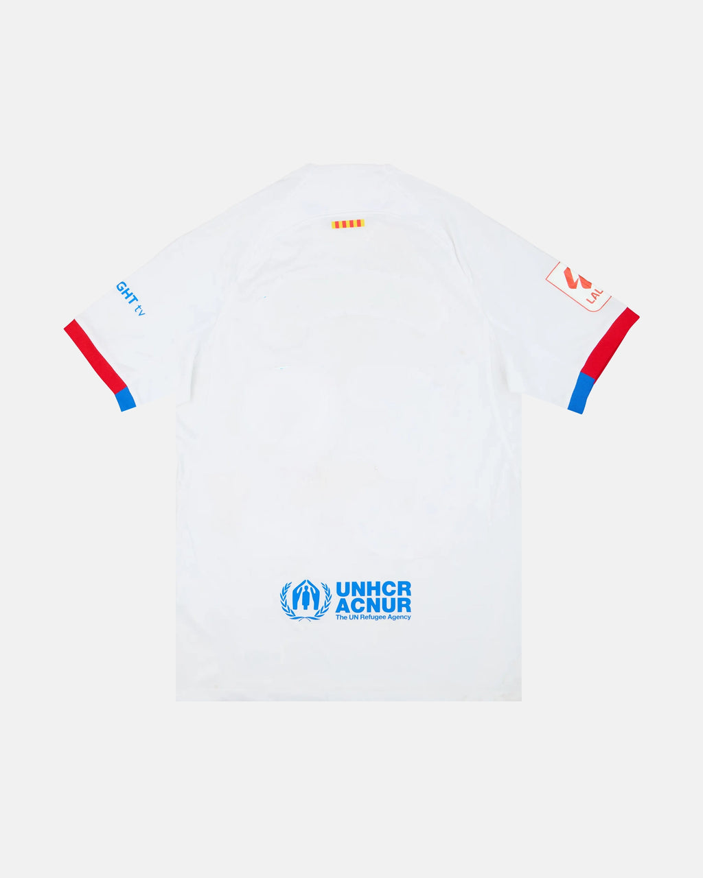 Full Back View Of The Barcelona Concept Jersey Base, Highlighting The Clean White Mesh, Blaugrana Sleeve Trims, And Catalan Senyera Neck Ribbon.