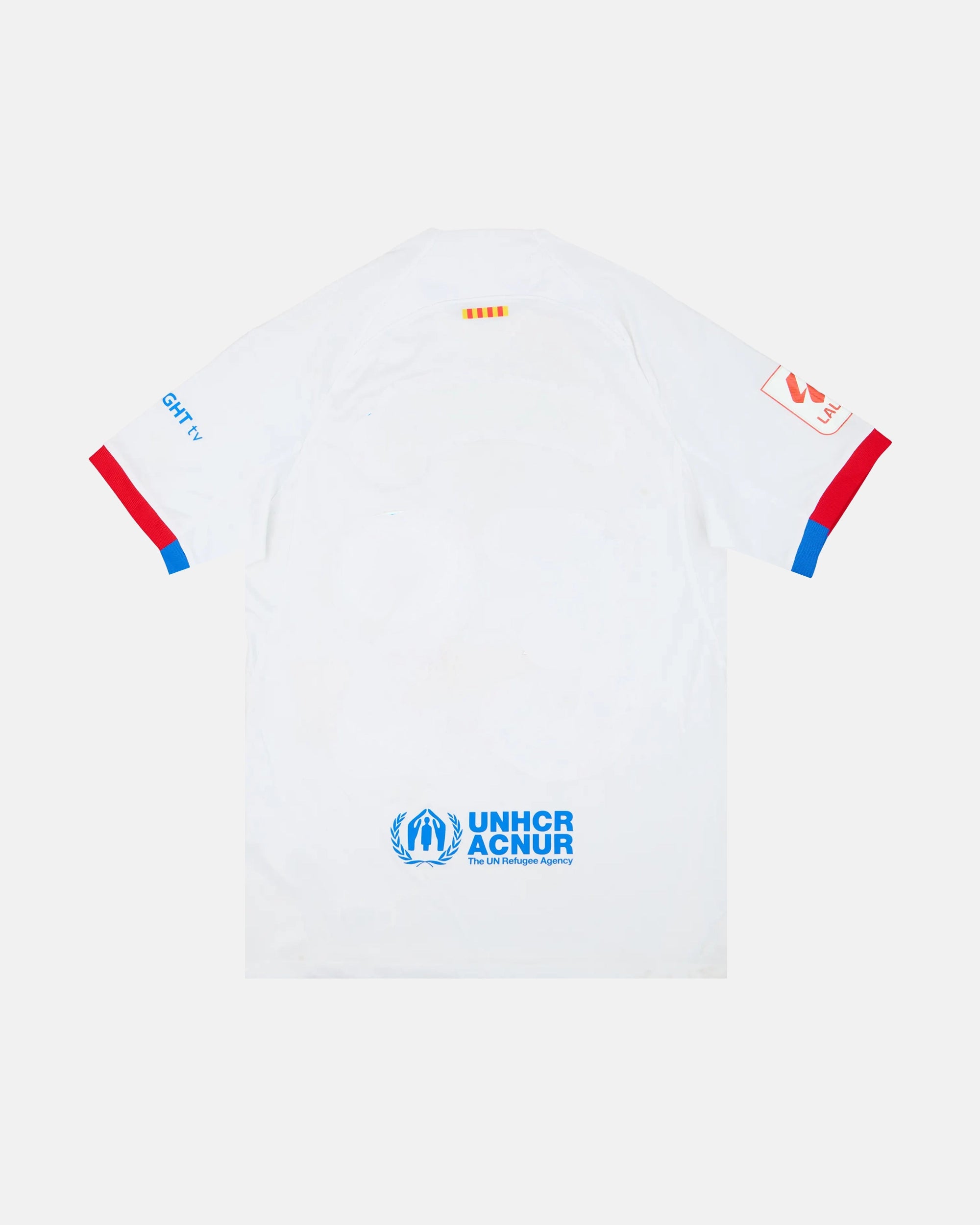Full Back View Of The Barcelona Concept Jersey Base, Highlighting The Clean White Mesh, Blaugrana Sleeve Trims, And Catalan Senyera Neck Ribbon.