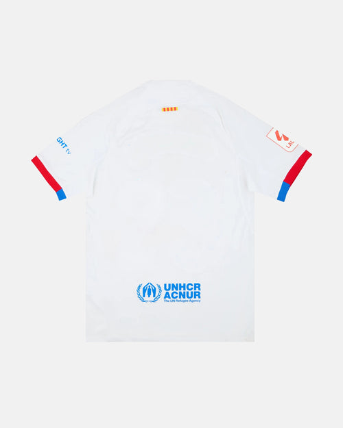 Full Back View Of The Barcelona Concept Jersey Base, Highlighting The Clean White Mesh, Blaugrana Sleeve Trims, And Catalan Senyera Neck Ribbon.