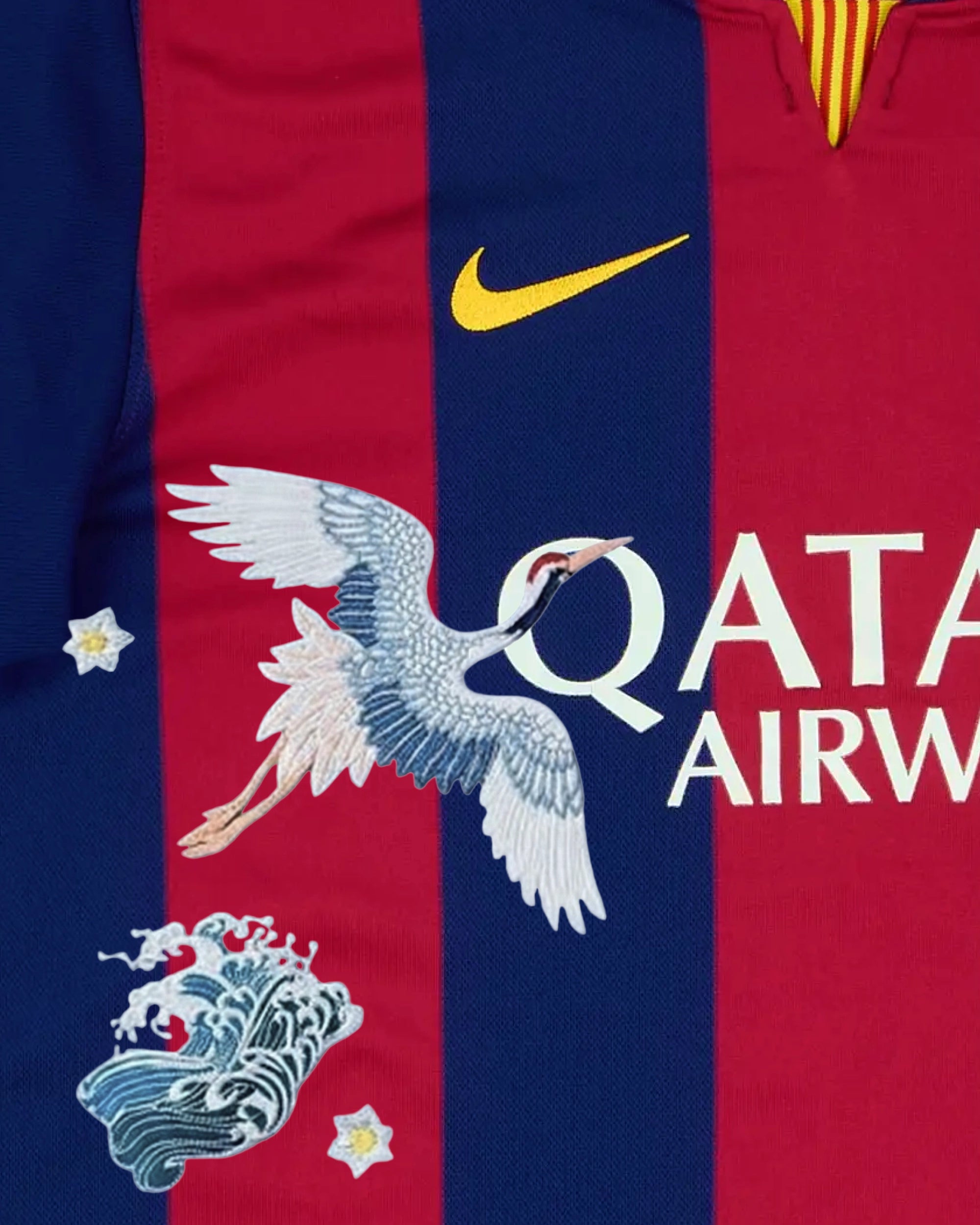 Hand-embroidered soaring crane in full flight above teal wave art on Barcelona retro concept jersey — botanical embroidery Paris & Versailles — VOLTA Senyera in Flight Edition