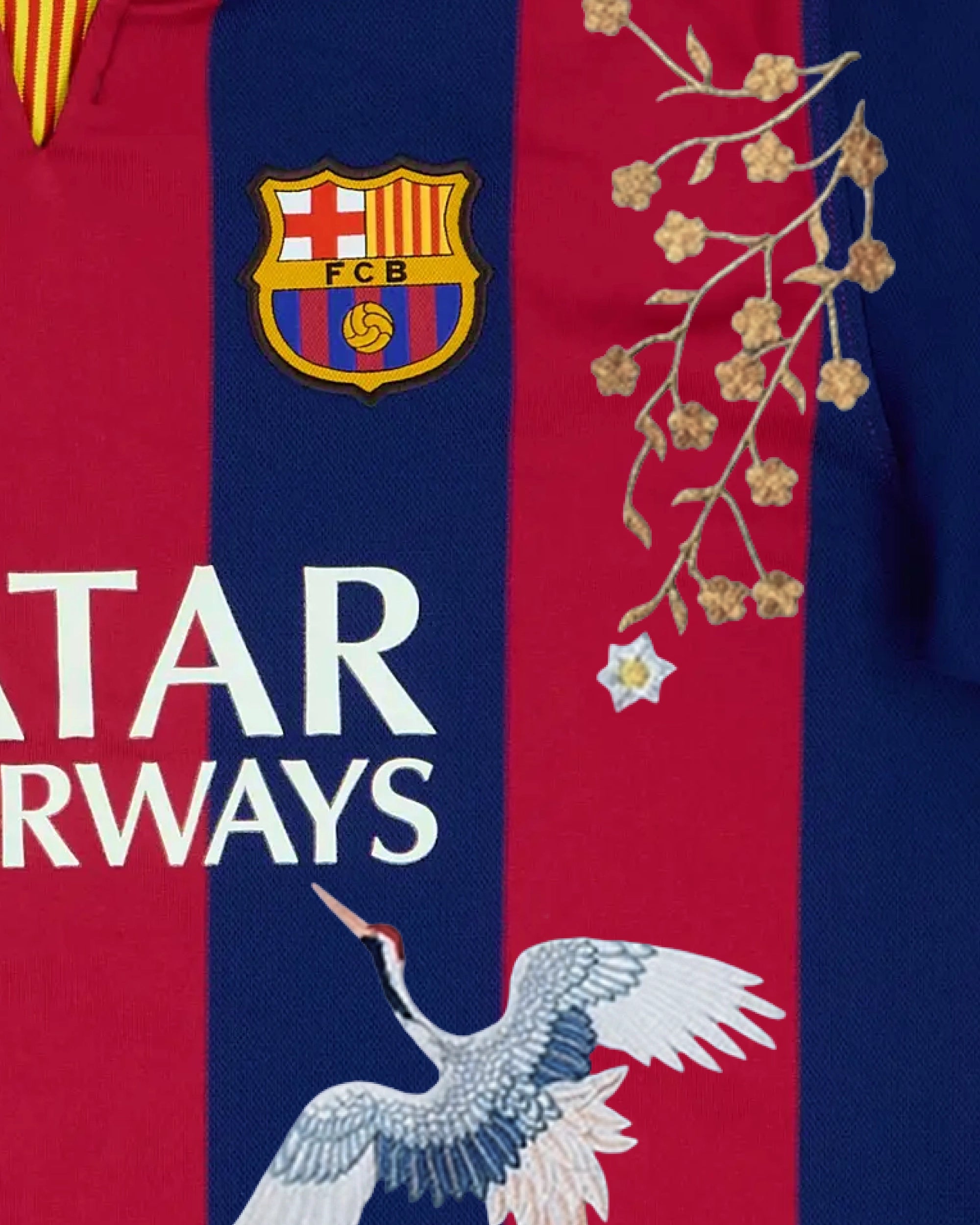 Close-up FCB badge with cascading hand-embroidered gold botanical branches and white star flowers on Barcelona Blaugrana retro concept jersey — VOLTA Paris & Versailles