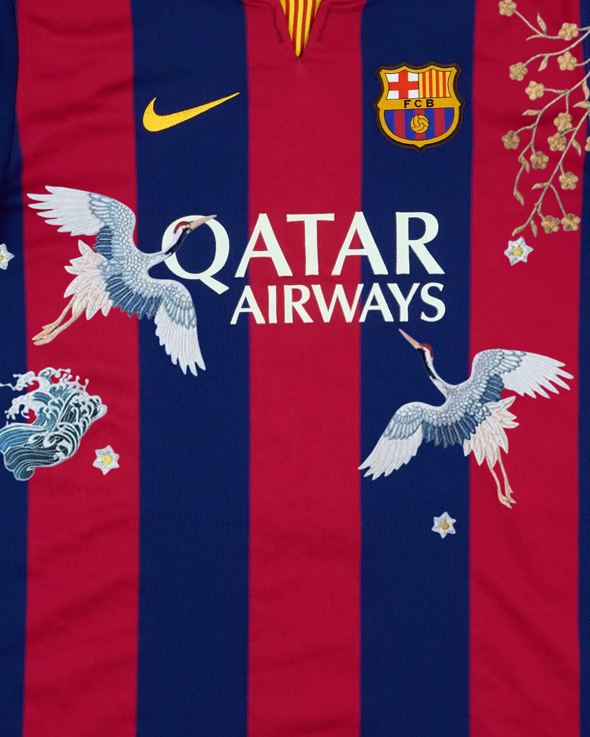 FCB badge and Senyera collar detail with hand-embroidered gold botanical flower branch on Barcelona retro concept jersey — artisanal embroidery Paris & Versailles — VOLTA Senyera in Flight Edition