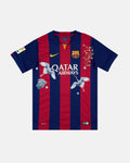 Barcelona hand-embroidered retro concept jersey front view — soaring cranes, gold botanical branches and wave art on iconic Blaugrana stripes — VOLTA Senyera in Flight Edition