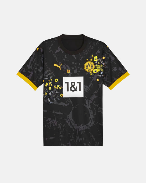 Full Front View Of The Bespoke Borussia Dortmund Embroidered Jersey (Westphalia Honey Edition), Showcasing The Charcoal Camo Base Decorated With Hand-Stitched Yellow Flowers and Bee Art.