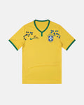Full Front View Of The Brazil 2014 Jersey Reimagined (Samba Blossom Edition) In Canary Yellow Featuring Custom Hand-Embroidered Indigo Flowers and Green Botanical Art.