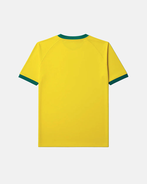 Full Back View Of The Clean Brazil Concept Jersey 2014 Base Showcasing The Vibrant Yellow Performance Mesh And Ribbed Green Cuffs.