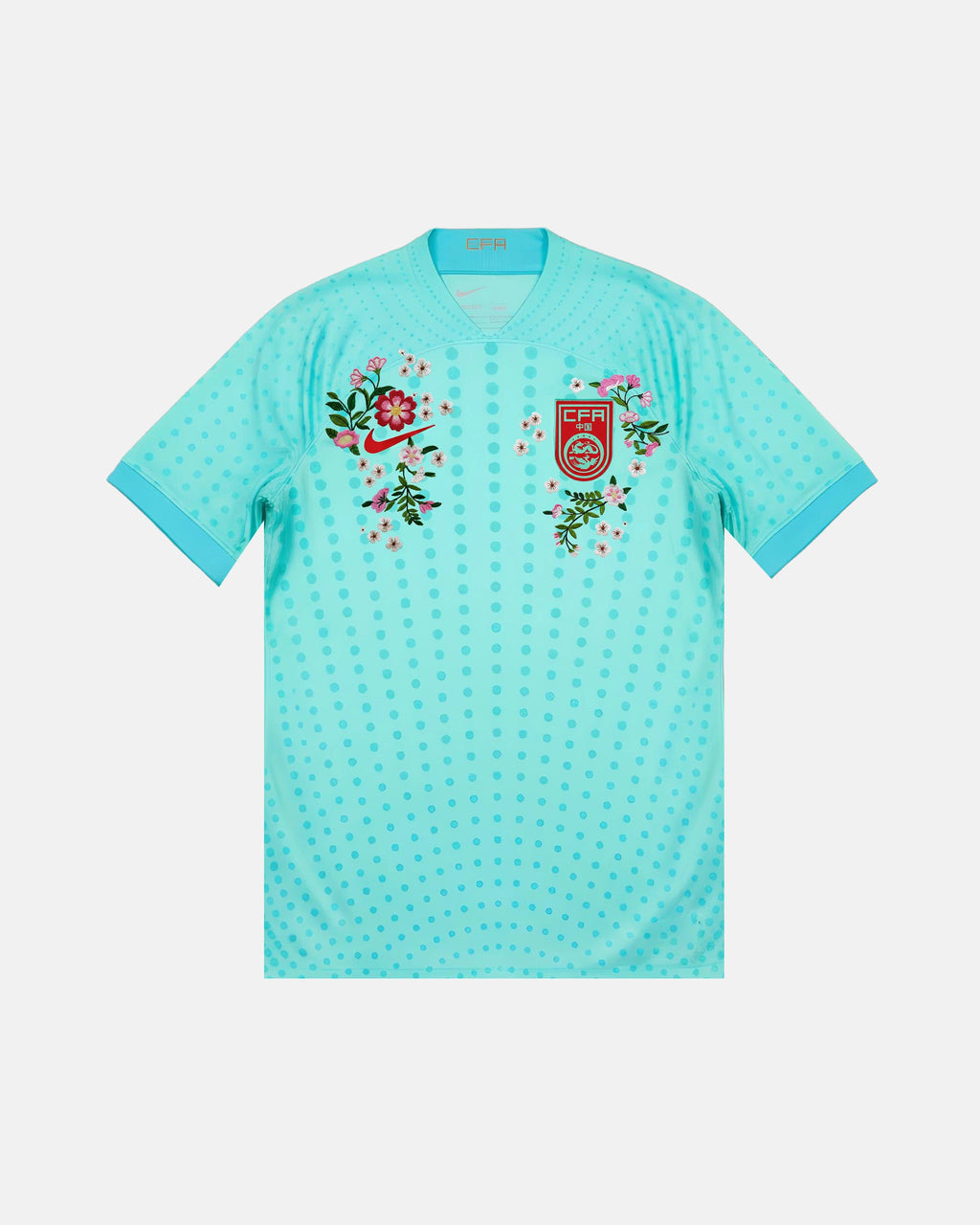 China hand-embroidered concept jersey front view — cherry blossom botanical art on authentic mint green base — VOLTA Dragon Blossom Edition