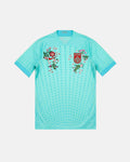 China hand-embroidered concept jersey front view — cherry blossom botanical art on authentic mint green base — VOLTA Dragon Blossom Edition