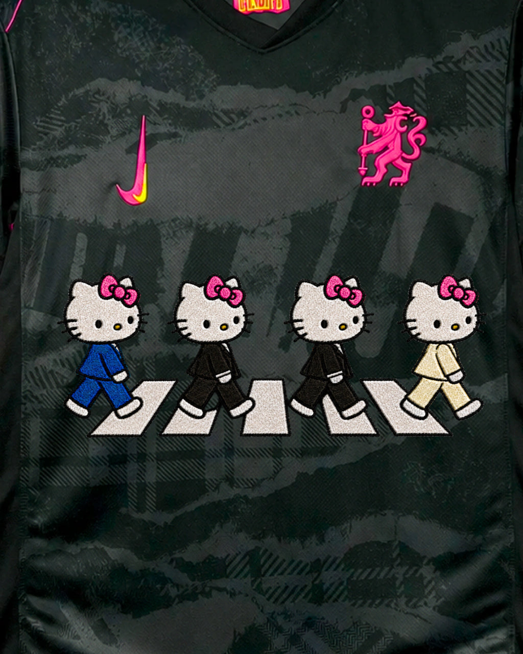 Full hand-embroidered scene of four suited cat characters crossing a pedestrian crossing — Chelsea ‘Abbey Cats’ Edition — VOLTA Paris
