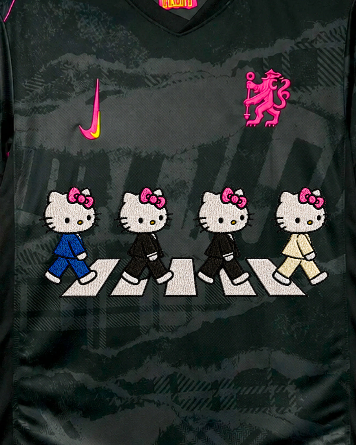 Full hand-embroidered scene of four suited cat characters crossing a pedestrian crossing — Chelsea ‘Abbey Cats’ Edition — VOLTA Paris