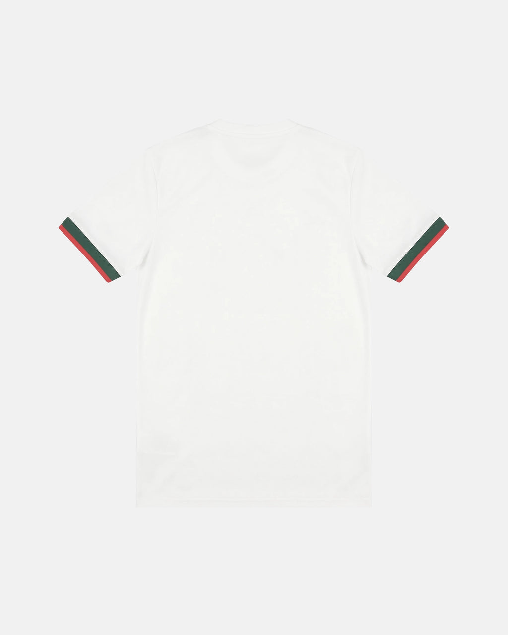 Full Back View Of The Chelsea Concept Jersey Base, Highlighting The Clean White Performance Fabric Mesh And Tricolor Red And Green Ribbed Sleeve Cuffs.