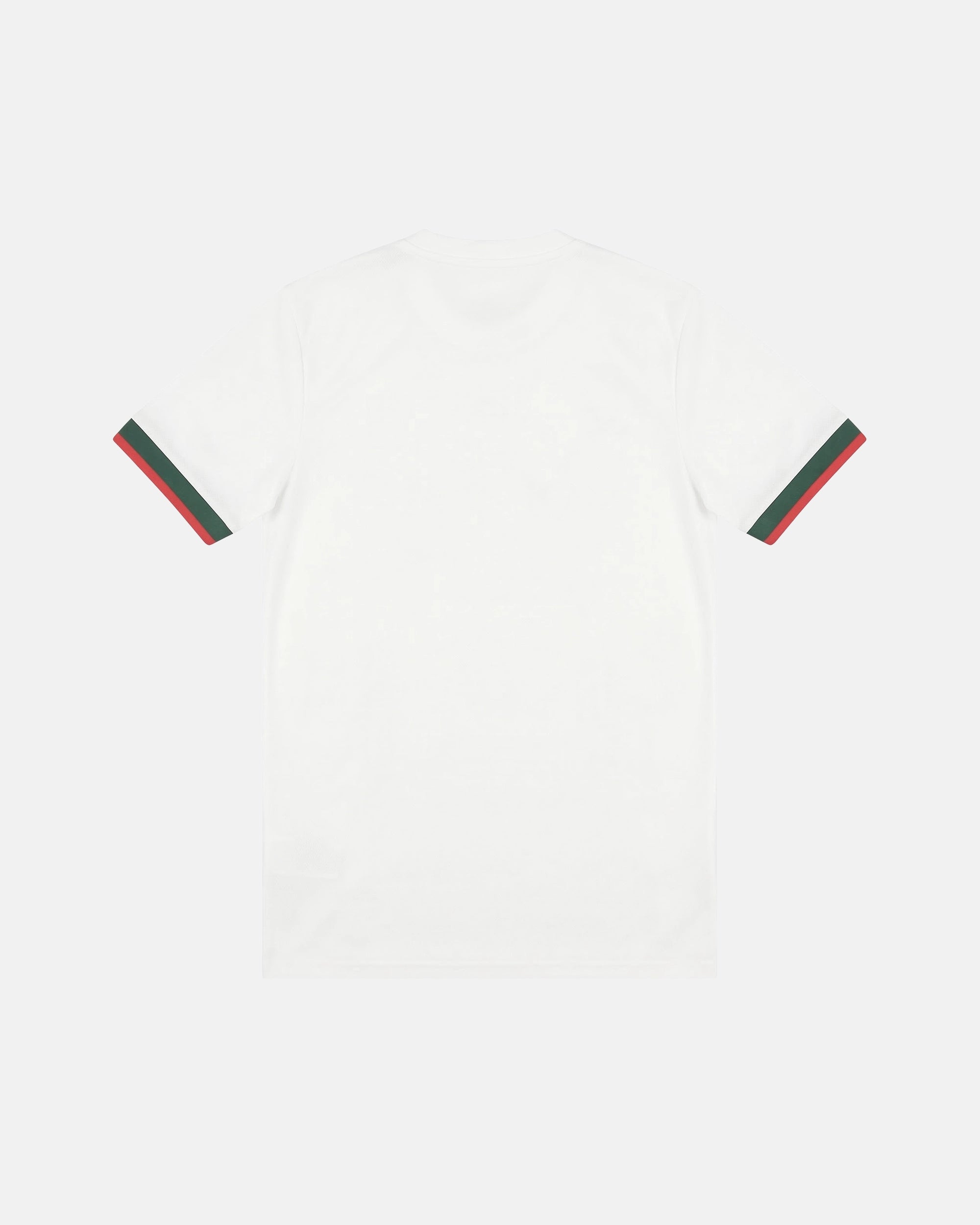 Full Back View Of The Chelsea Concept Jersey Base, Highlighting The Clean White Performance Fabric Mesh And Tricolor Red And Green Ribbed Sleeve Cuffs.