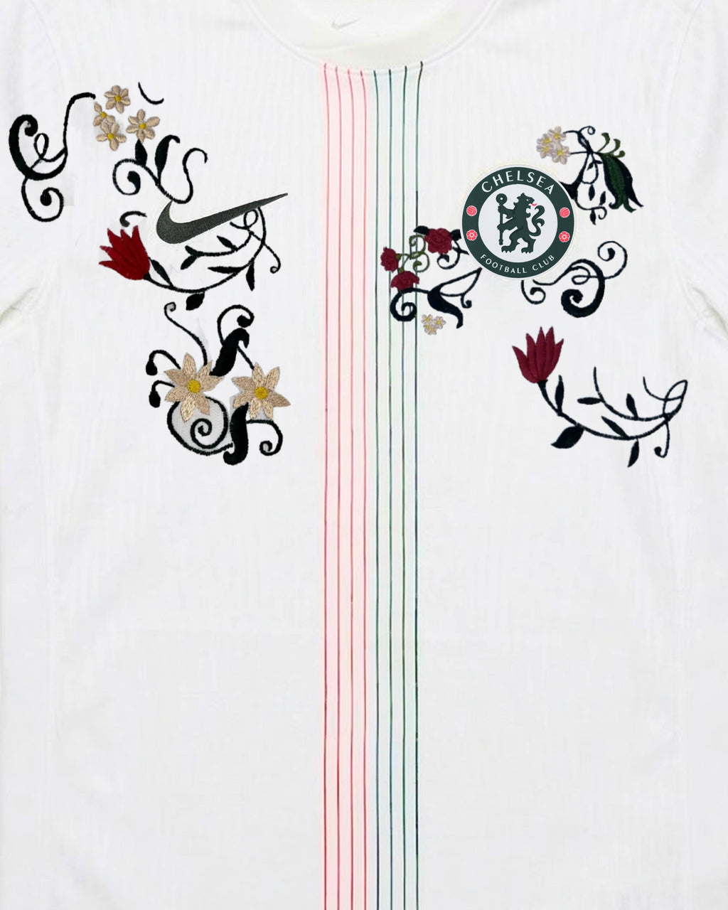 Macro Texture Shot Focusing On the Upper Chest Graphic Of The Chelsea Concept Jersey (Kensington Garden Edition), Highlighting High-Density Crimson Tulip Embroidery and Delicate Winding Black Rococo Vines Perfectly Surrounding The Woven Dark Green Circular Team Crest.