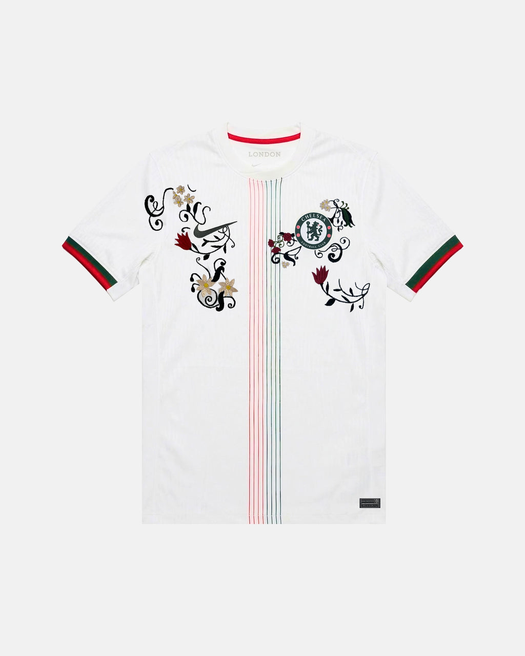 Full Front View Of The Bespoke Chelsea Embroidered Jersey (Kensington Garden Edition), Showcasing The White Pinstripe Base Decorated With Hand-Stitched Crimson Tulips And Black Vines.