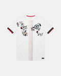 Full Front View Of The Bespoke Chelsea Embroidered Jersey (Kensington Garden Edition), Showcasing The White Pinstripe Base Decorated With Hand-Stitched Crimson Tulips And Black Vines.