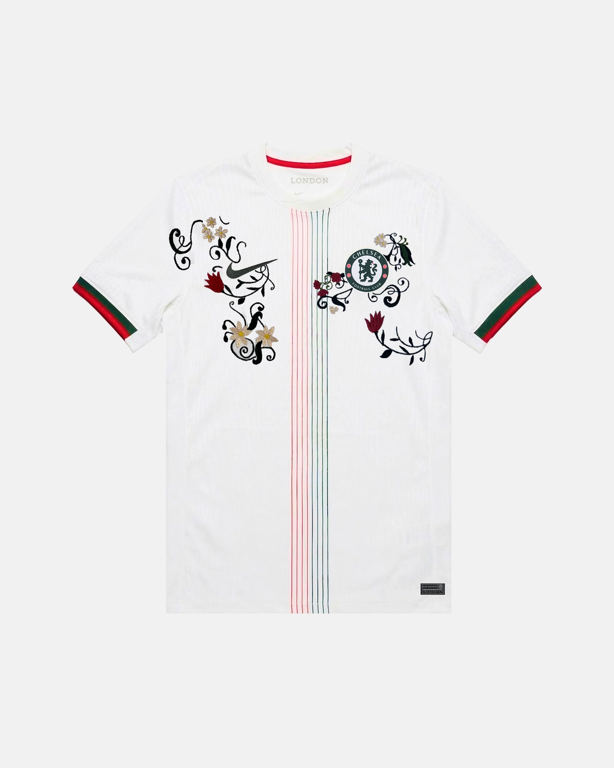 Full Front View Of The Bespoke Chelsea Embroidered Jersey (Kensington Garden Edition), Showcasing The White Pinstripe Base Decorated With Hand-Stitched Crimson Tulips And Black Vines.