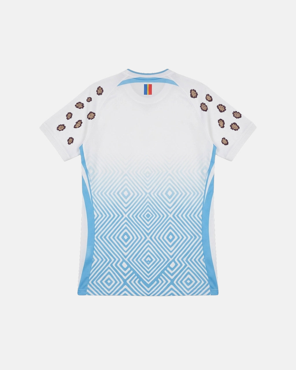 Full Back View Of The Congo Away Kit 2026 Revisited, Highlighting The Gradient Concentric Diamond Print and Dual Rows Of Embroidered Leopard Spots On The Sleeves.