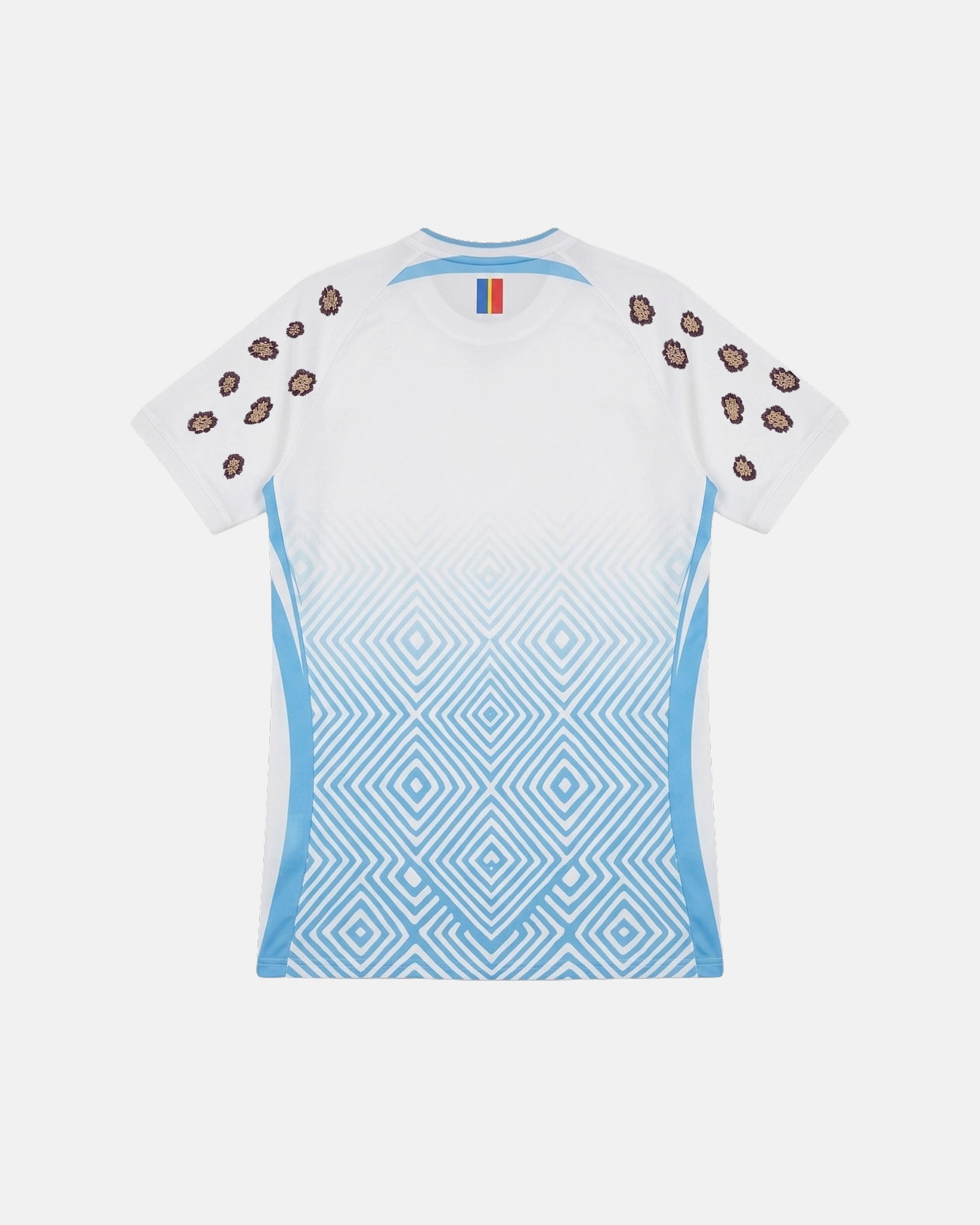 Full Back View Of The Congo Away Kit 2026 Revisited, Highlighting The Gradient Concentric Diamond Print and Dual Rows Of Embroidered Leopard Spots On The Sleeves.