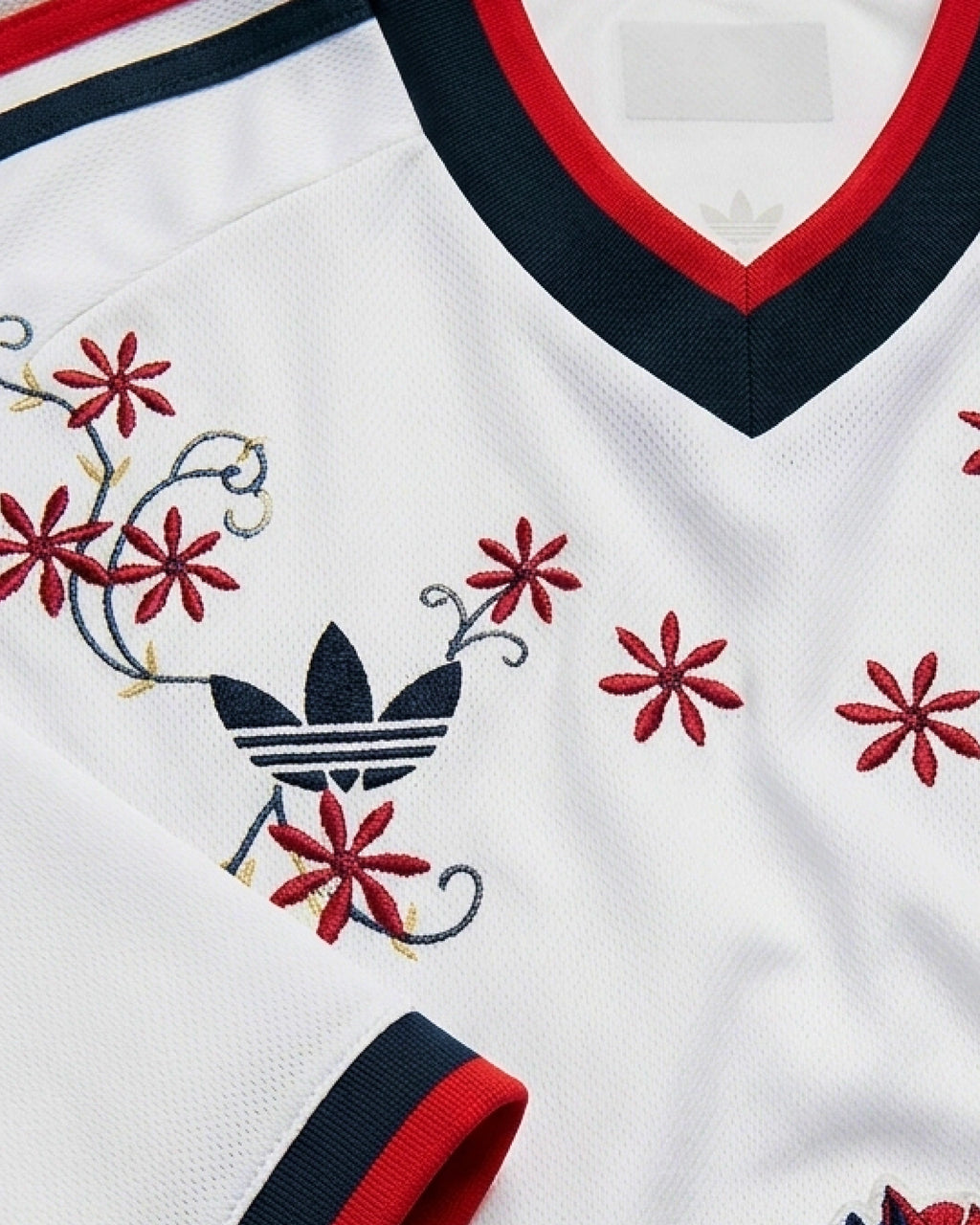 Macro Shot Focus On The Right Chest Of The Custom Mexico White Kit, Highlighting The Trefoil Logo Entwined In High-Density Hand-Guided Floral Embroidery.