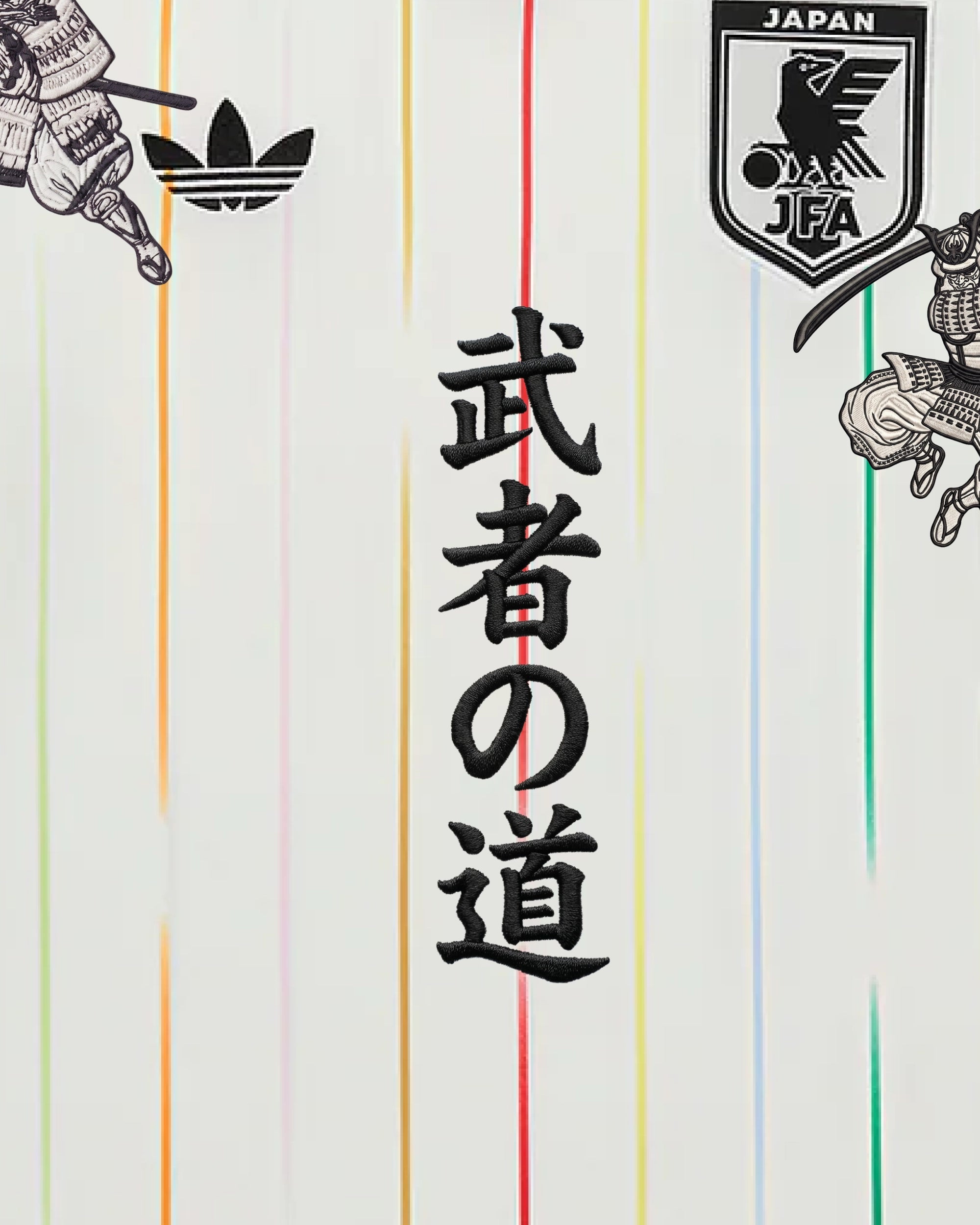 Close-Up Macro Shot Focus On The Left Chest Of The Custom Samurai White Football Shirt, Highlighting The Haptic 3D Thread Quality Of The Hand-Guided Black Bushido Kanji Calligraphy.