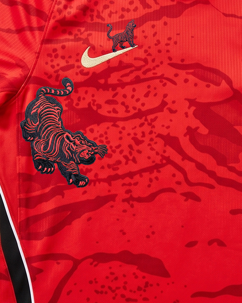 Close-Up Macro Shot Focus On The Right Torso Detail Of the Custom South Korea Home Kit, Highlighting The Dense Haptic 3D Thread Quality Of A Traditional Black and Gold Tiger.