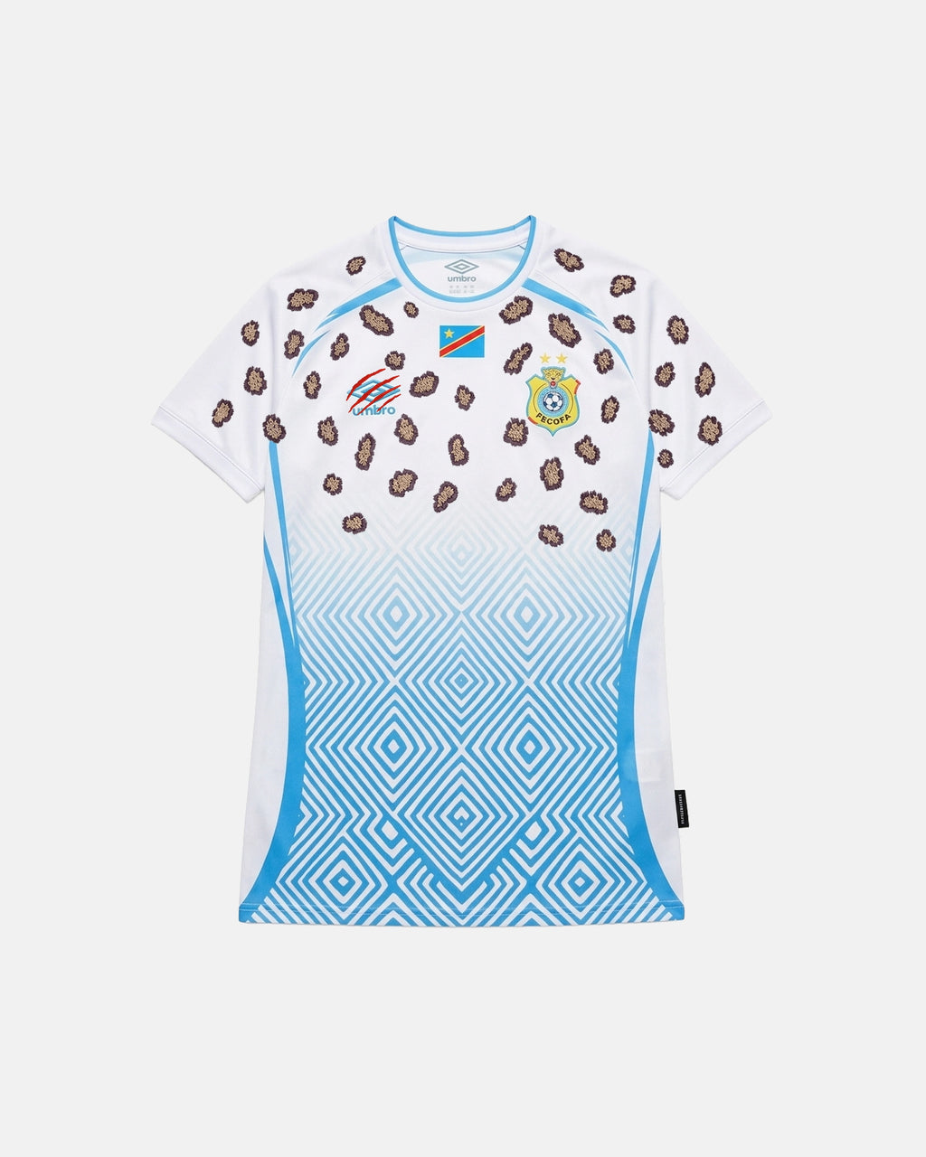 Full Front View Of The Custom DR Congo Away Jersey 2025 2026 Reimagined, Displaying The White and Sky Blue Diamond Gradient Torso and Embroidered Leopard Spots.