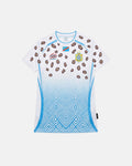 Full Front View Of The Custom DR Congo Away Jersey 2025 2026 Reimagined, Displaying The White and Sky Blue Diamond Gradient Torso and Embroidered Leopard Spots.