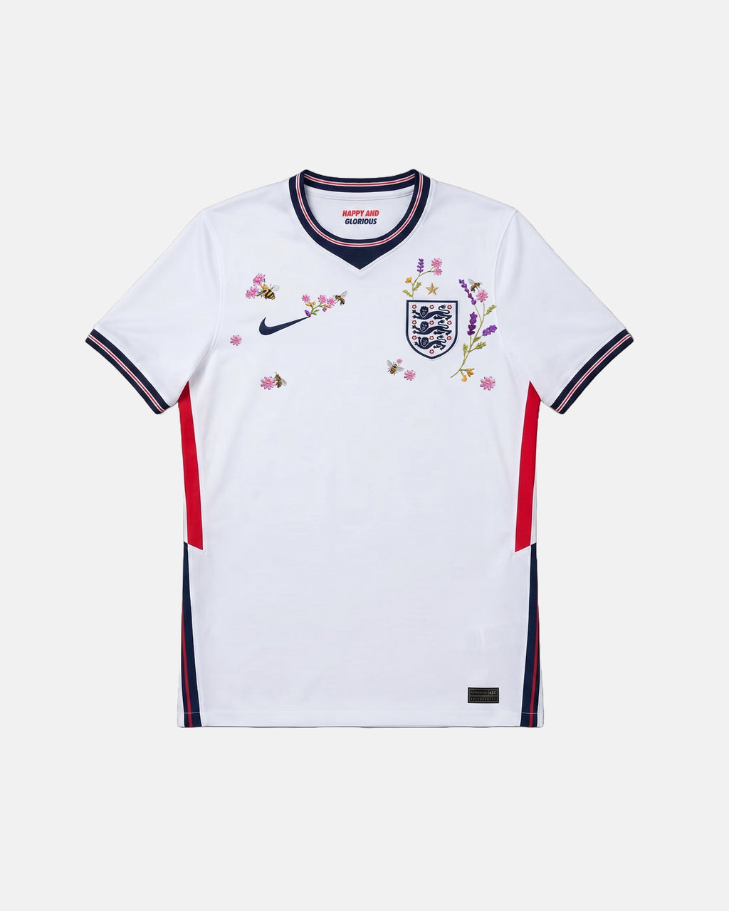 England hand-embroidered concept jersey front view — honey bees, lavender, wildflowers and forget-me-nots on authentic white Three Lions base — VOLTA Happy and Glorious Edition