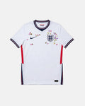 England hand-embroidered concept jersey front view — honey bees, lavender, wildflowers and forget-me-nots on authentic white Three Lions base — VOLTA Happy and Glorious Edition