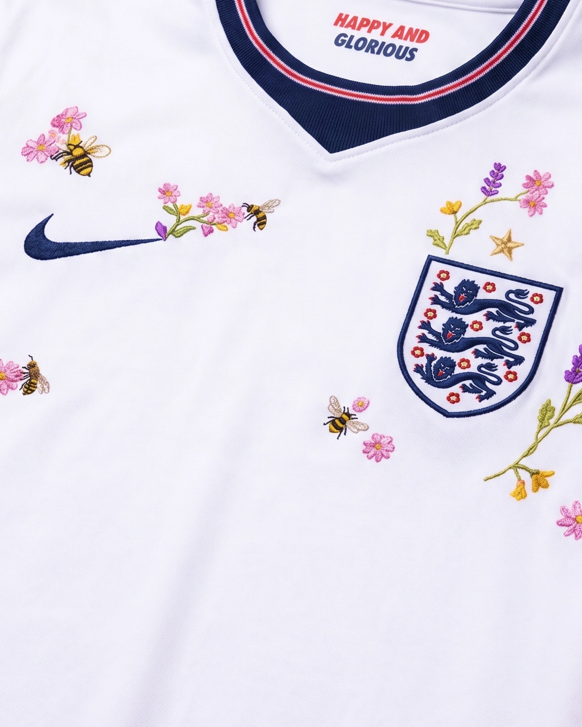 England Three Lions badge surrounded by hand-embroidered honey bees, pink wildflowers, purple lavender and gold star botanical art on white concept jersey — VOLTA Happy and Glorious Edition Paris & Versailles