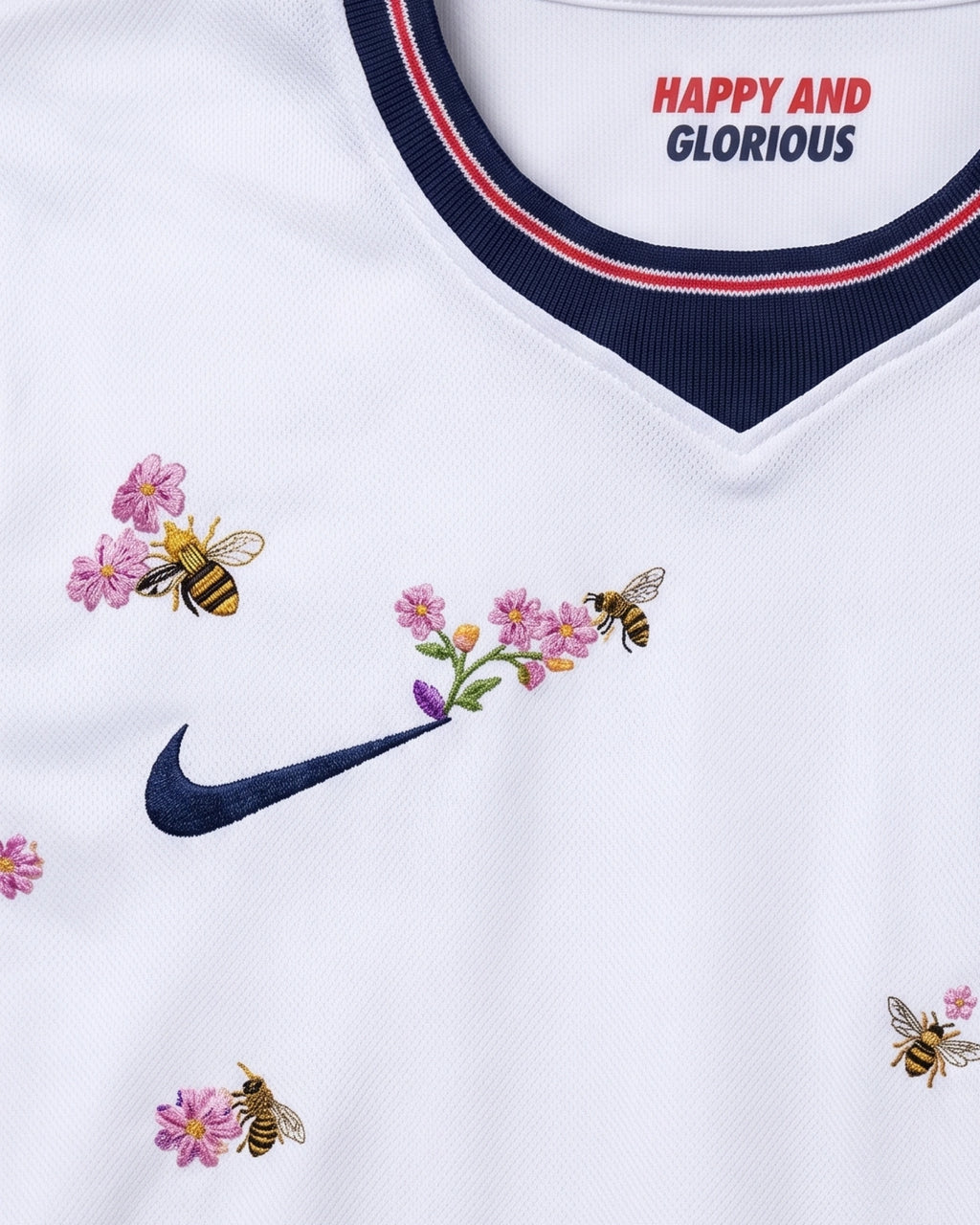 Hand-embroidered honey bees and pink wildflower bouquet detail with Happy and Glorious collar inscription on England concept jersey — VOLTA Paris & Versailles